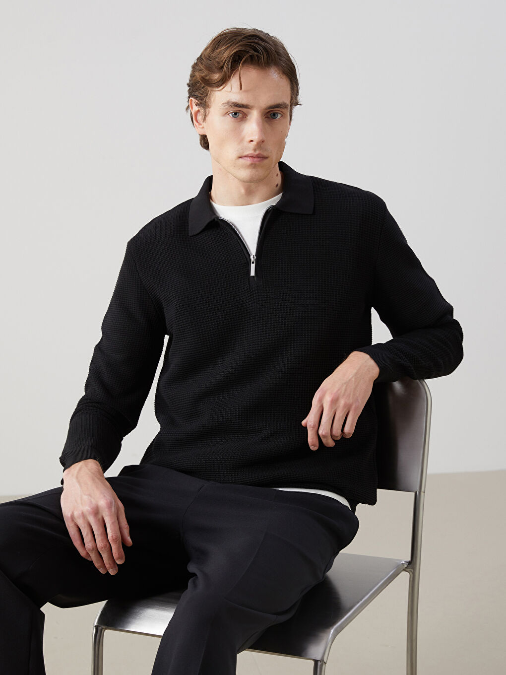 Polo Neck Long Sleeve Men's Knitwear Sweater
