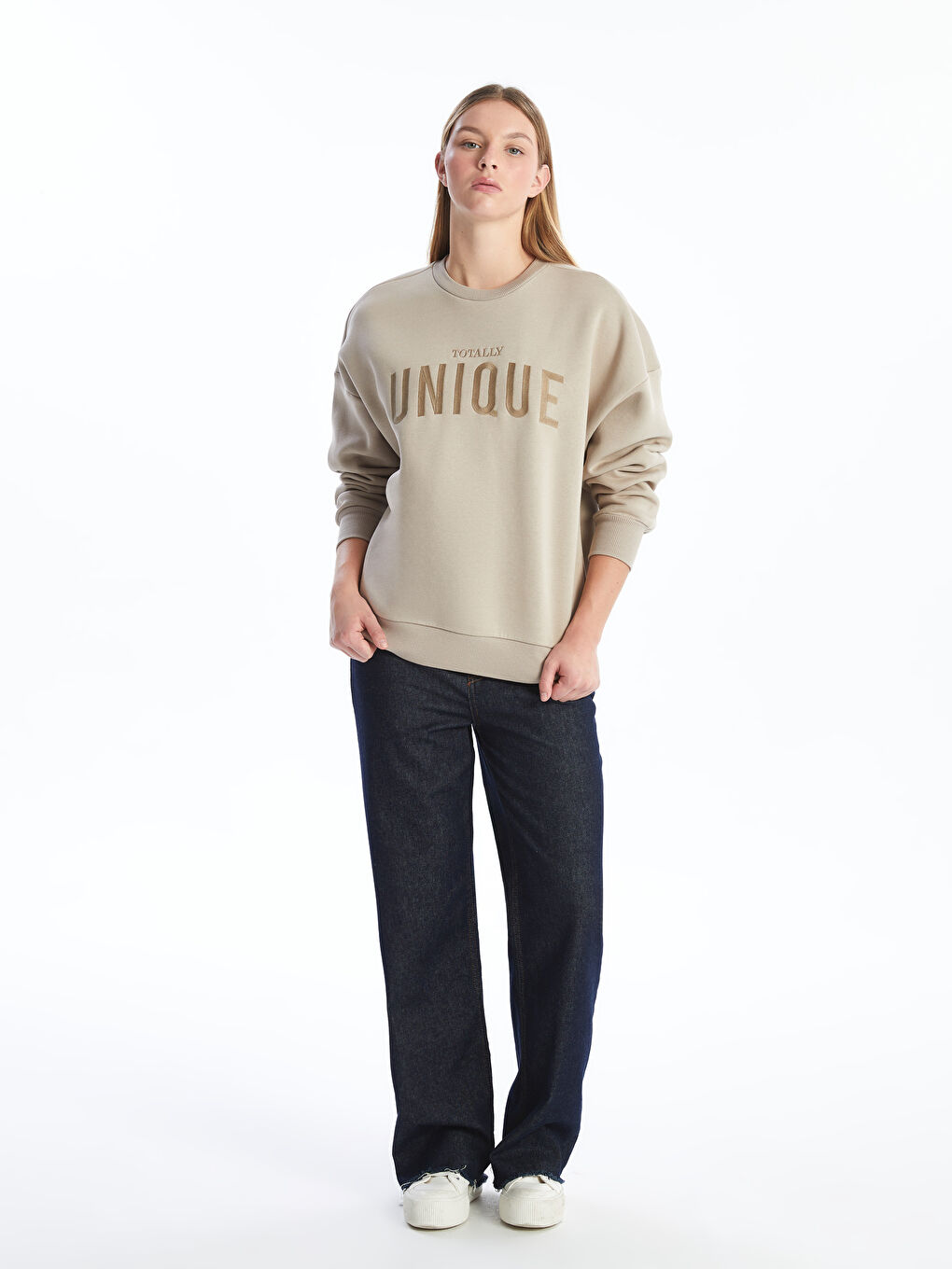 LCW Vision Koyu Bej Bisiklet Yaka Baskılı Oversize Kadın Kalın Sweatshirt - 1