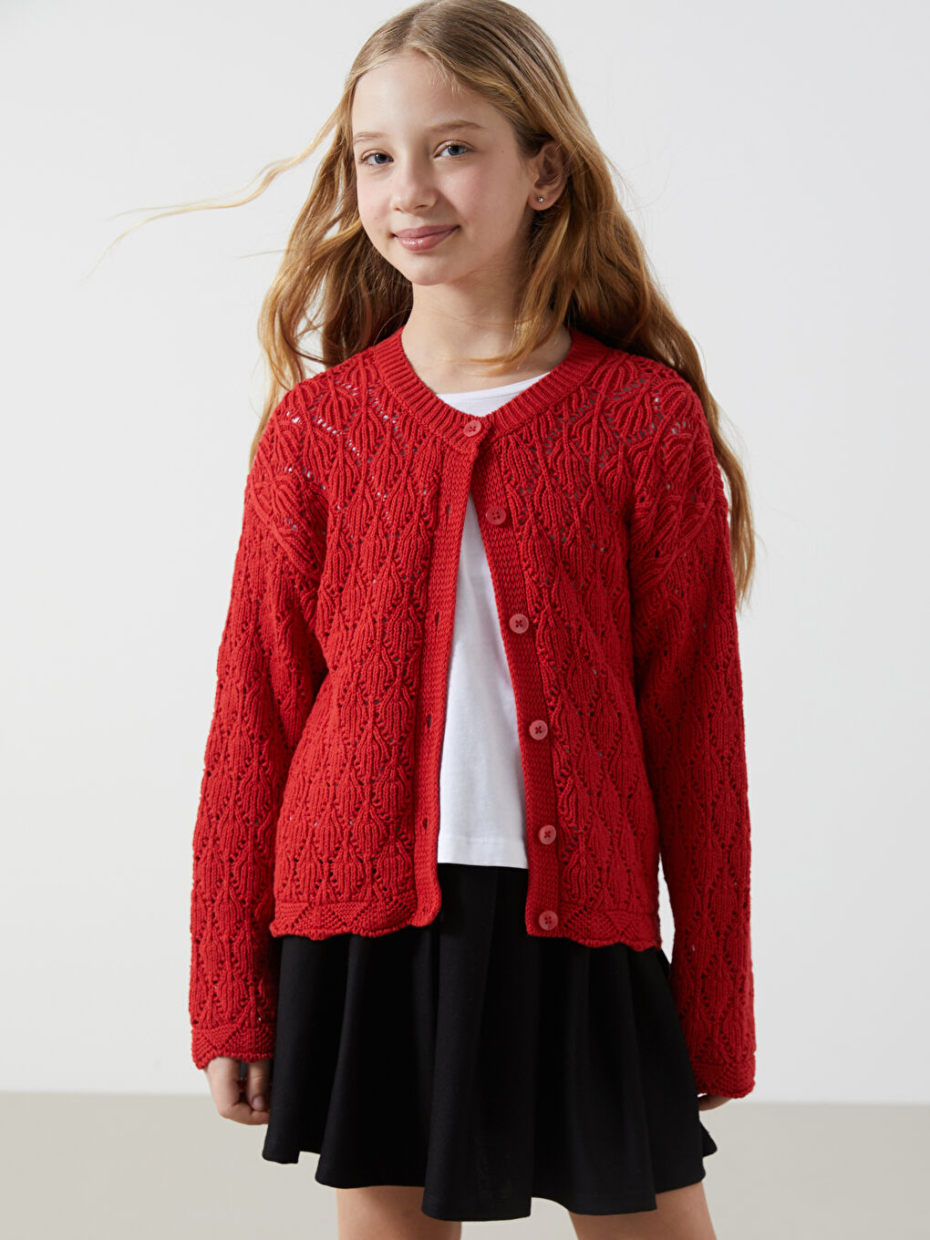 Kırmızı Bisiklet Yaka Ajurlu Kız Çocuk Triko Hırka