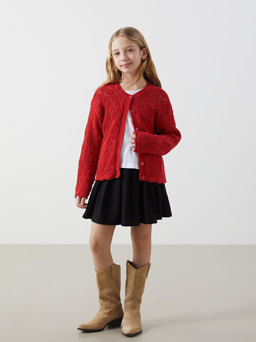 Kırmızı Bisiklet Yaka Ajurlu Kız Çocuk Triko Hırka-1