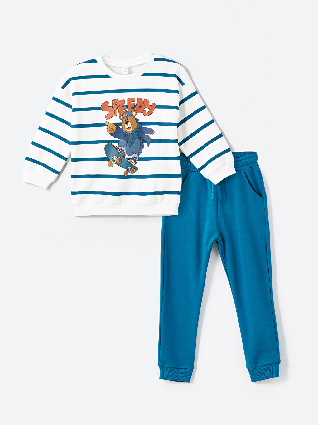 Bej Bisiklet Yaka Çizgili Erkek Çocuk Sweatshirt ve Eşofman Alt 2'li