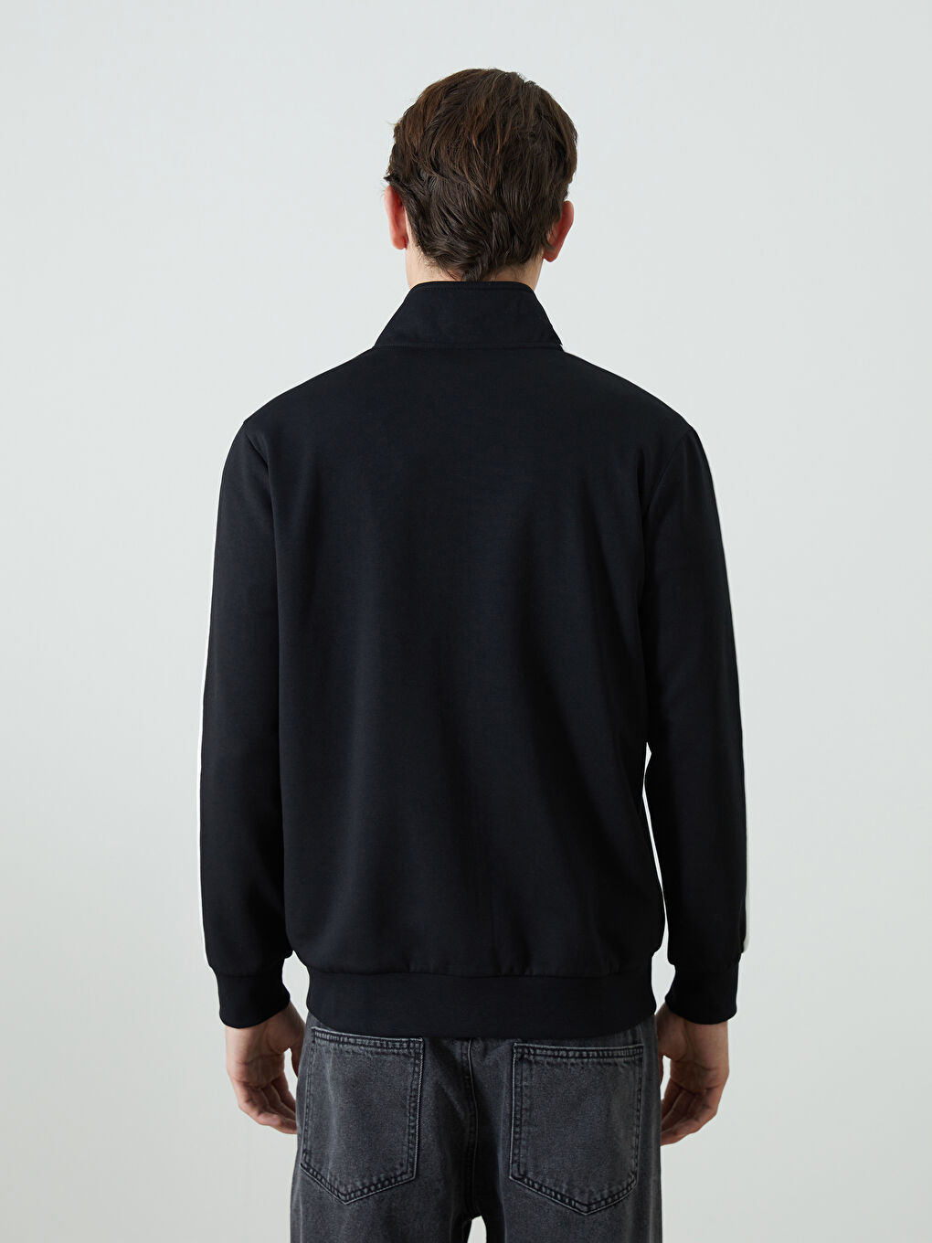 Siyah Dik Yaka Uzun Kollu Erkek Fermuarlı Sweatshirt-3
