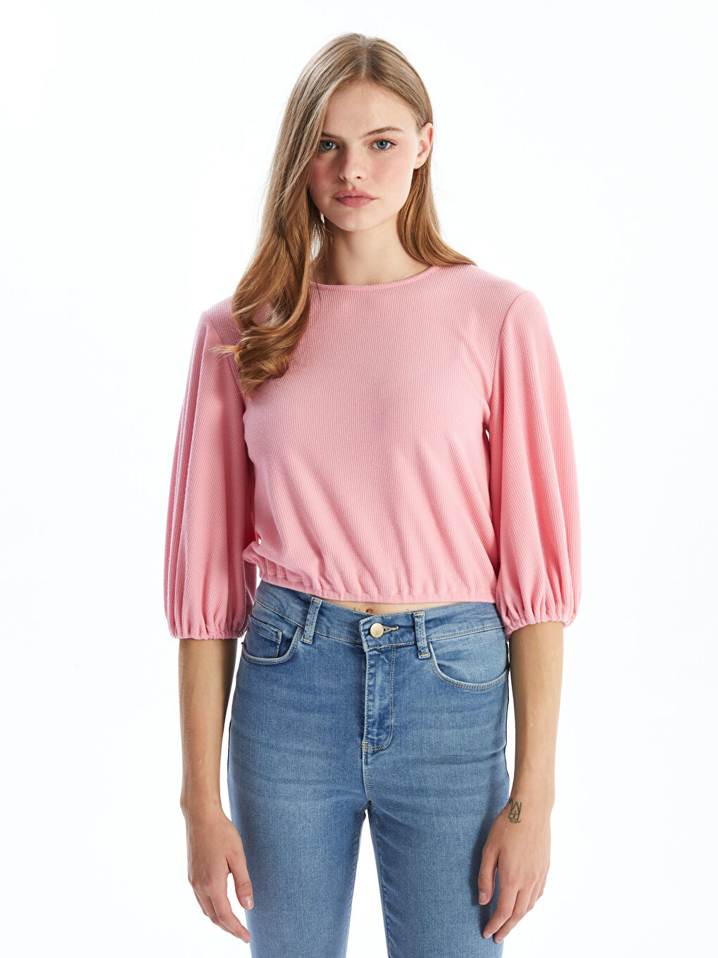 Crew Neck Plain Balloon Sleeve Women's Blouse