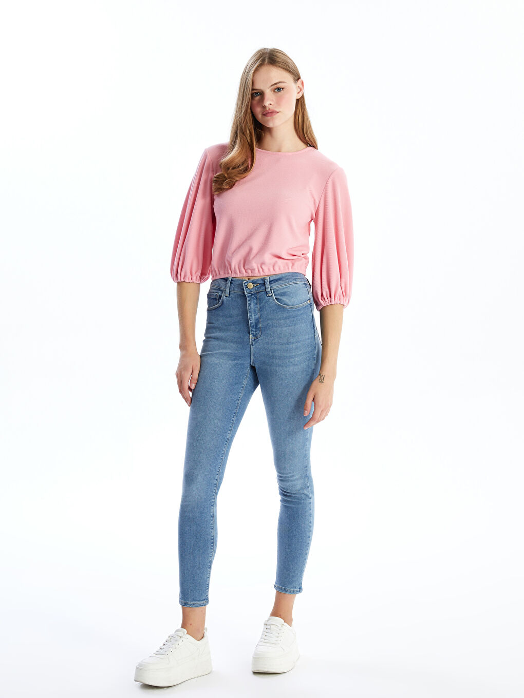 Crew Neck Plain Balloon Sleeve Women's Blouse-1