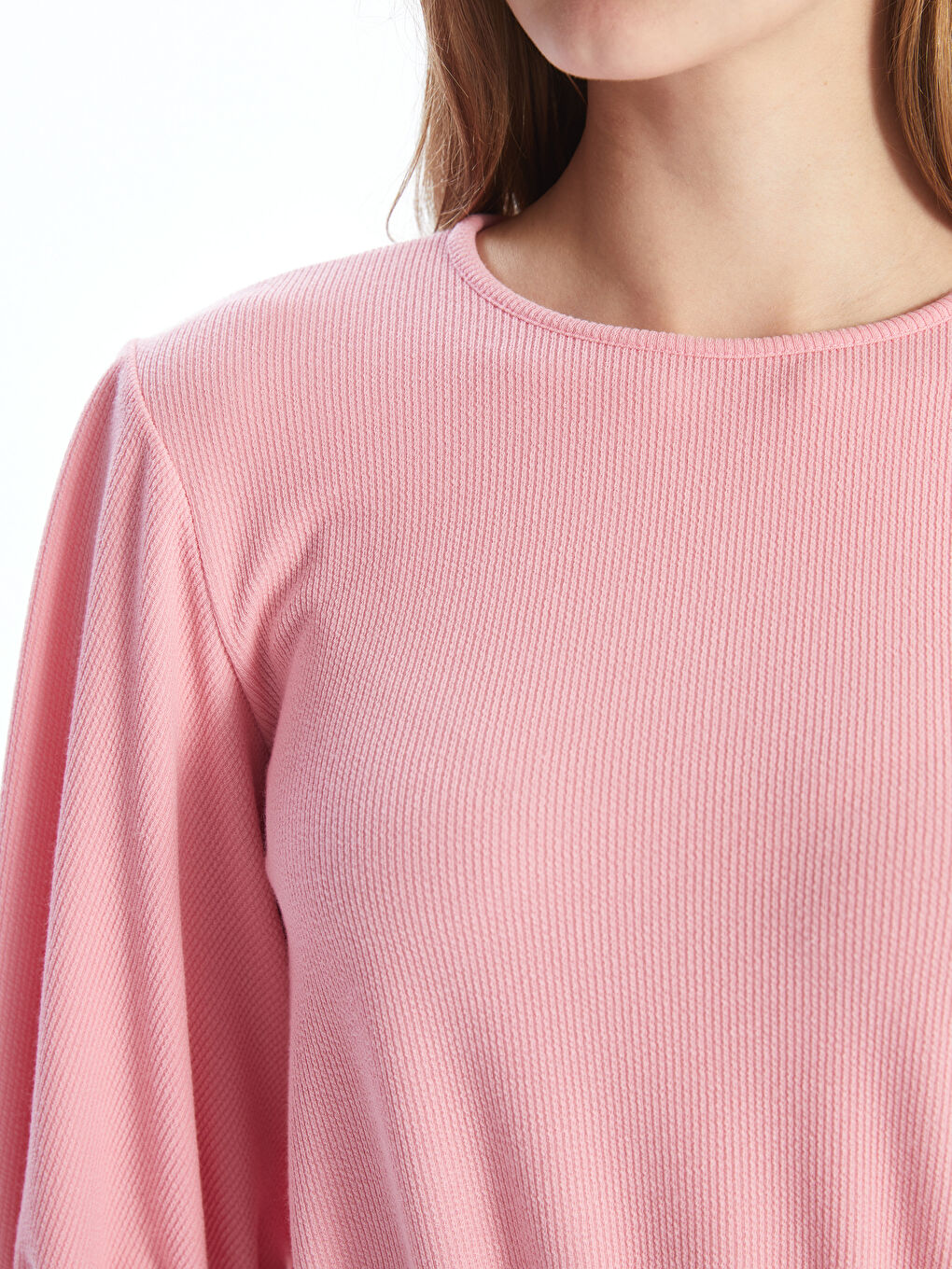 Crew Neck Plain Balloon Sleeve Women's Blouse-2