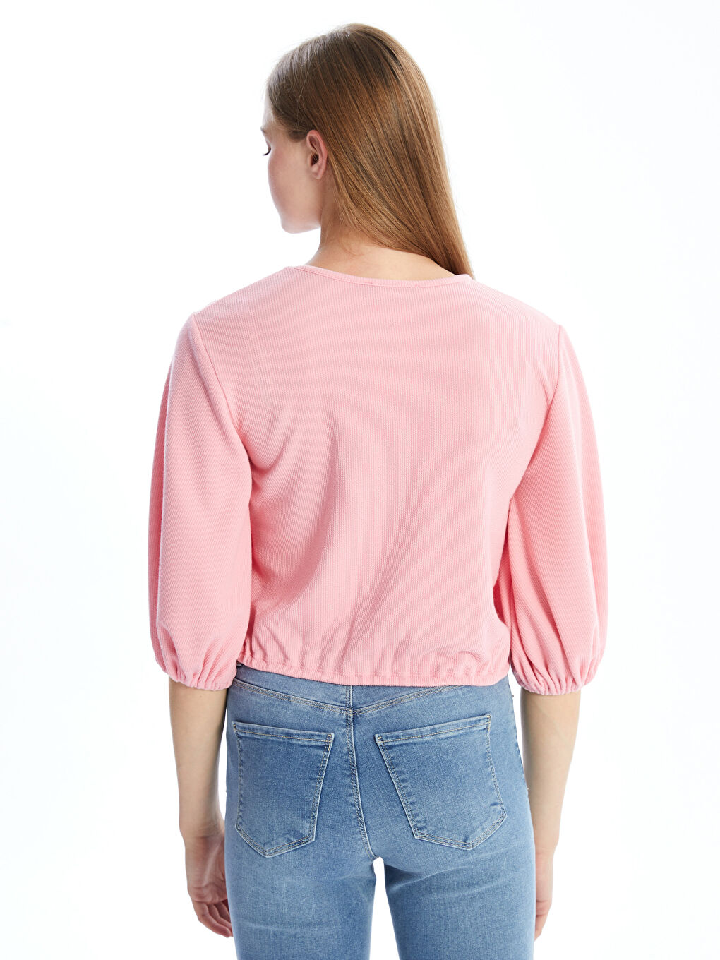 Crew Neck Plain Balloon Sleeve Women's Blouse-3