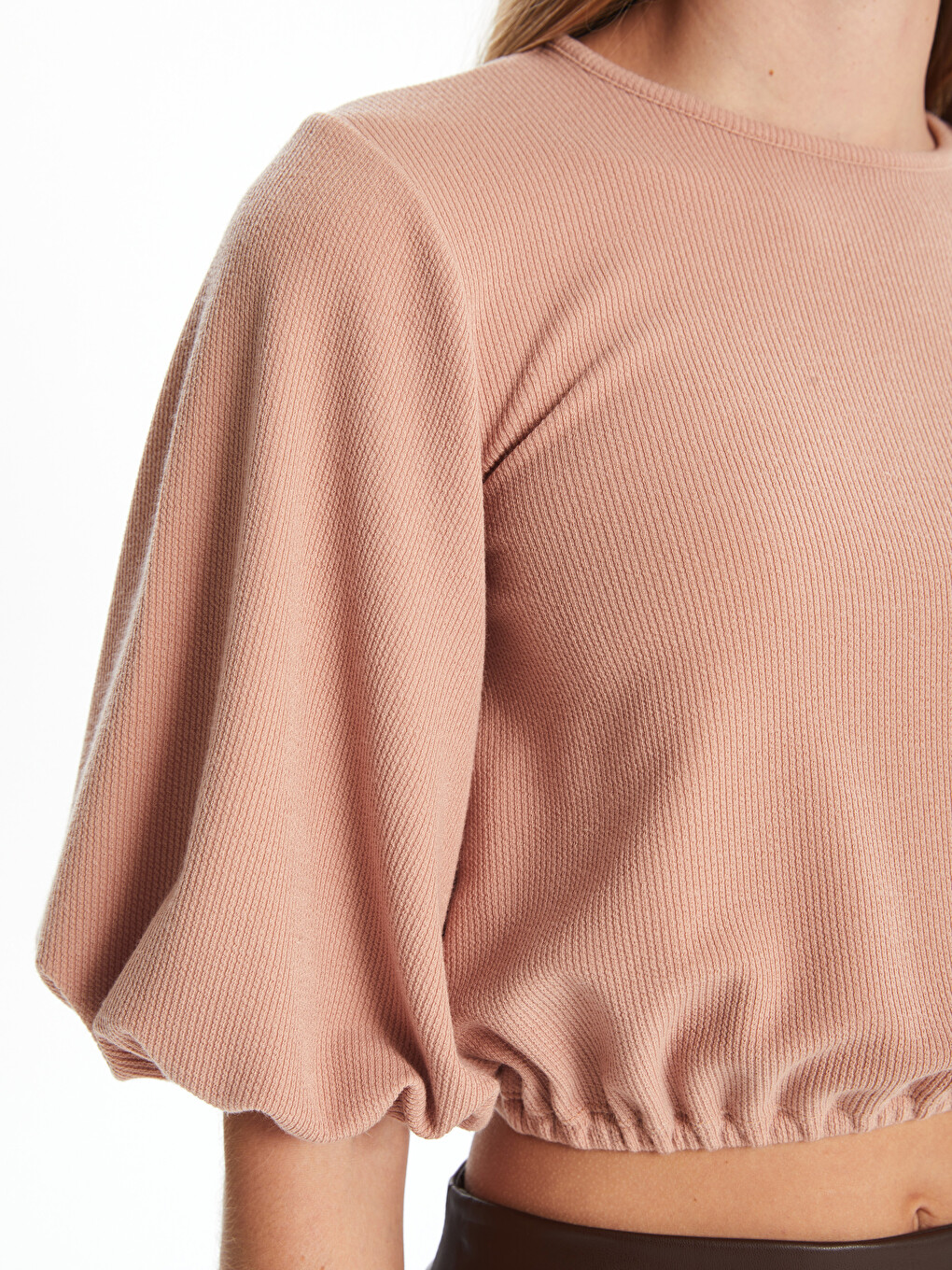 Crew Neck Plain Balloon Sleeve Women's Blouse-2