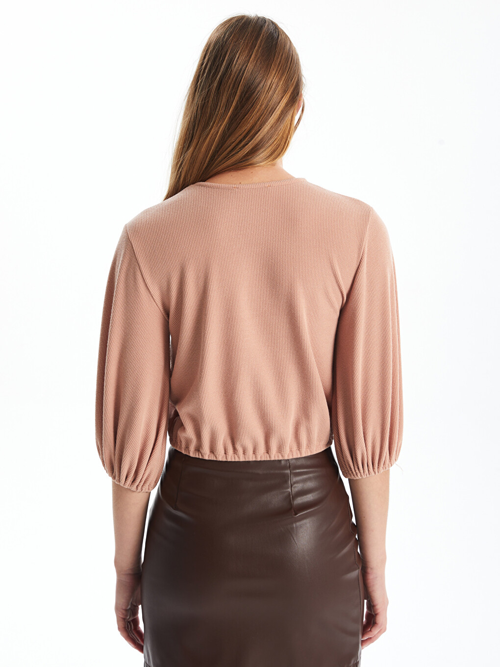Crew Neck Plain Balloon Sleeve Women's Blouse-3