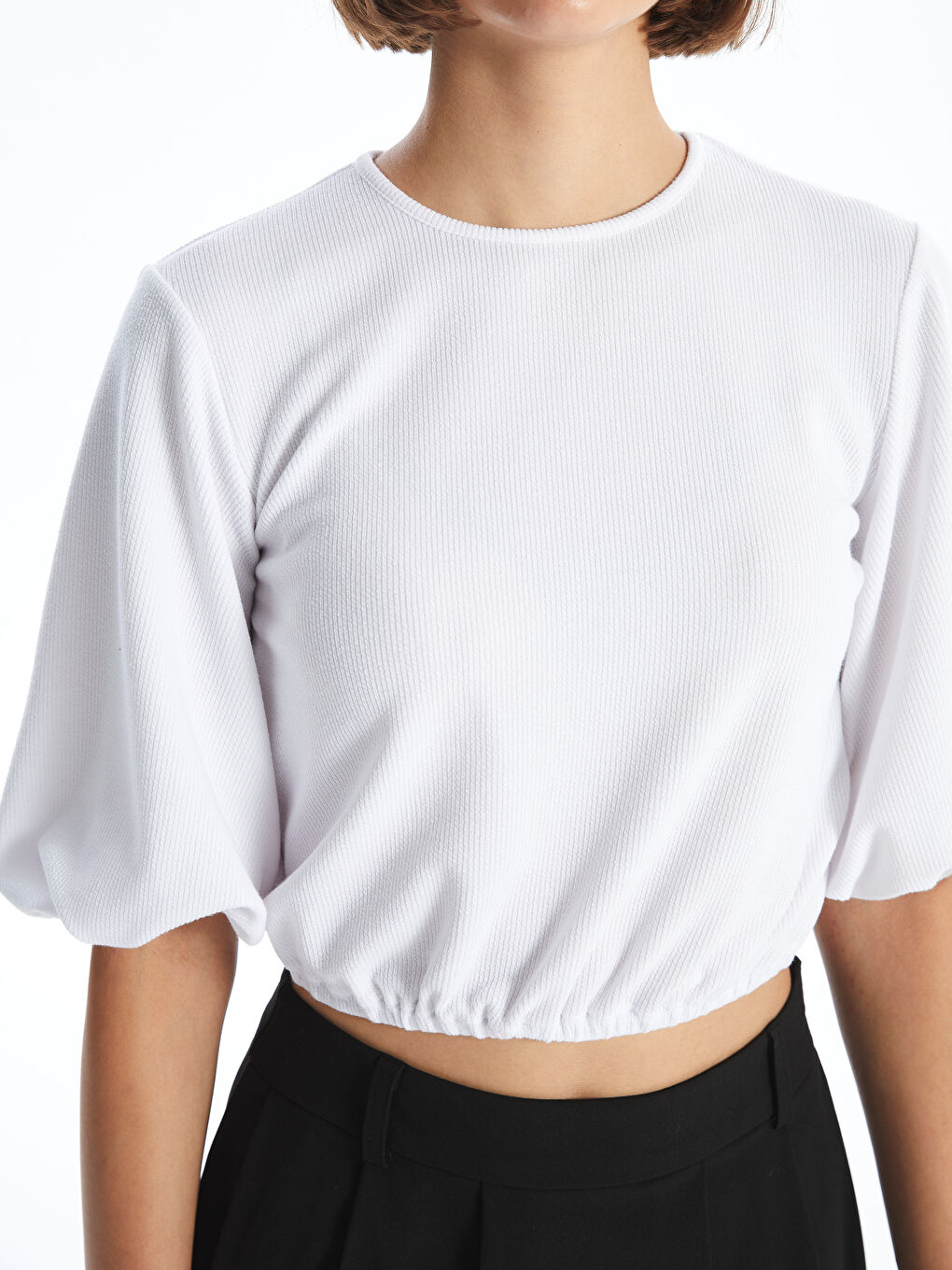 Crew Neck Plain Balloon Sleeve Women's Blouse-2