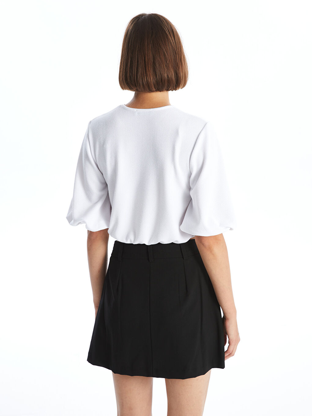 Crew Neck Plain Balloon Sleeve Women's Blouse-3