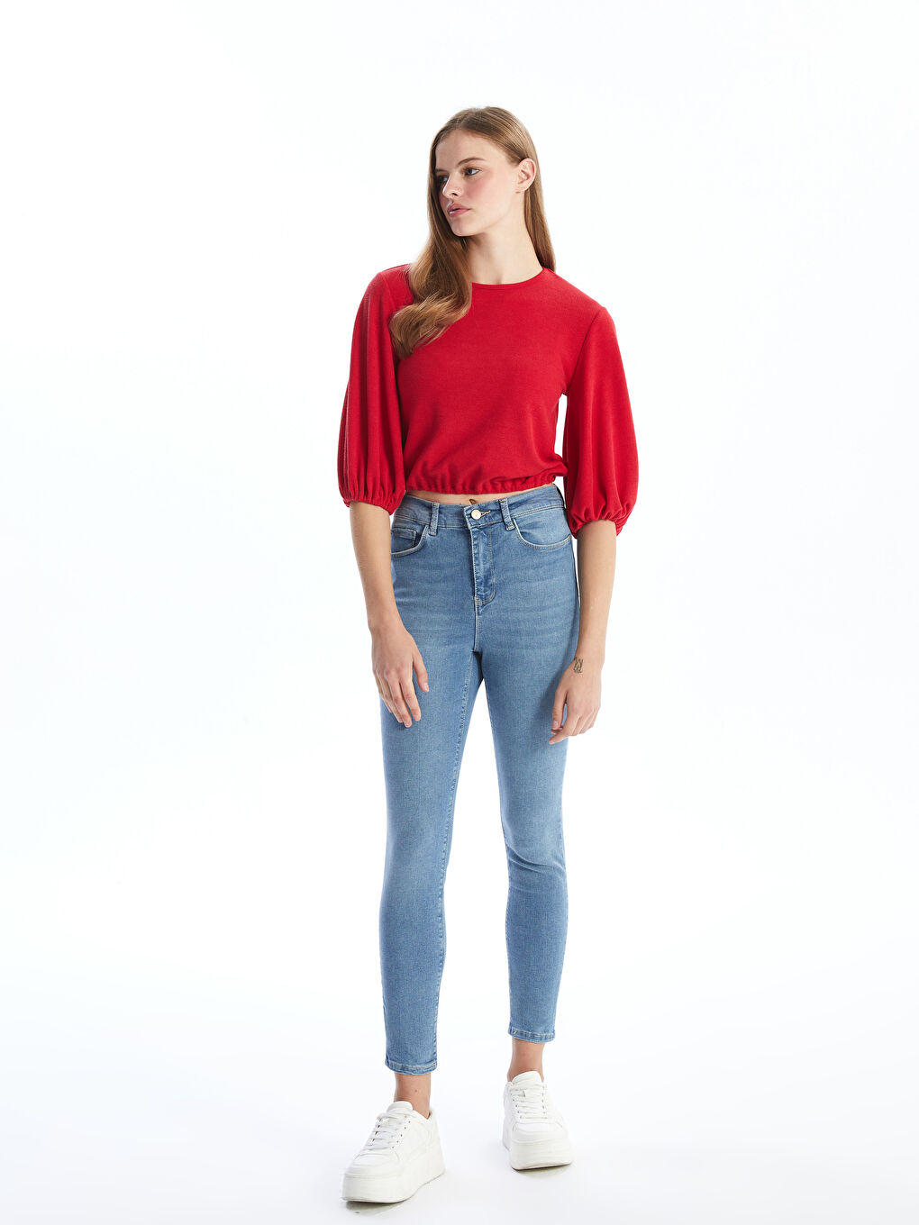 Crew Neck Plain Balloon Sleeve Women's Blouse-1