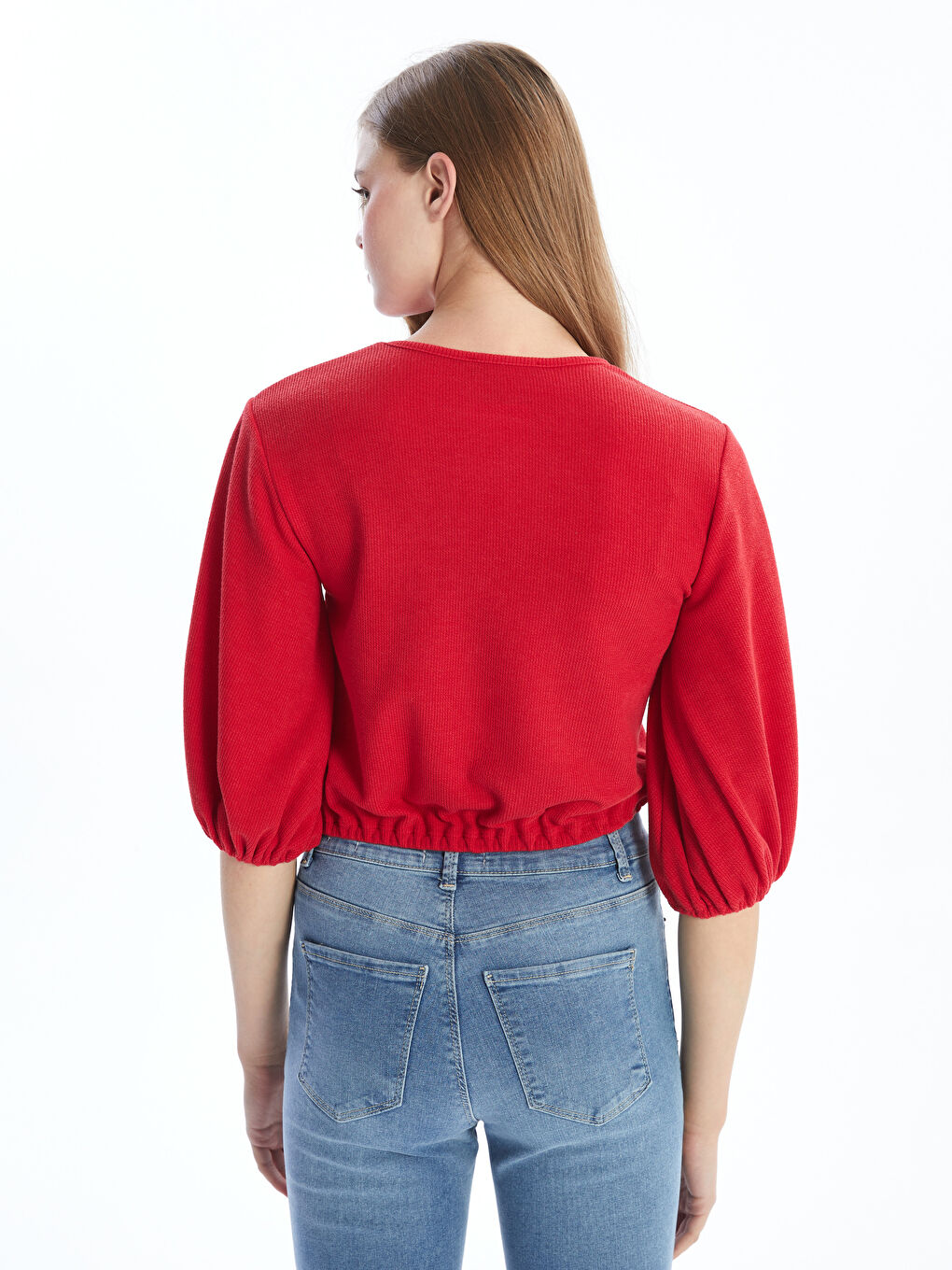 Crew Neck Plain Balloon Sleeve Women's Blouse-3