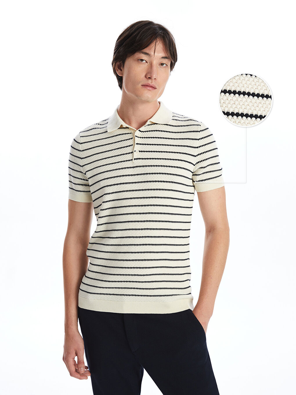 Ekru Polo Yaka Kısa Kollu Çizgili Erkek Triko Kazak