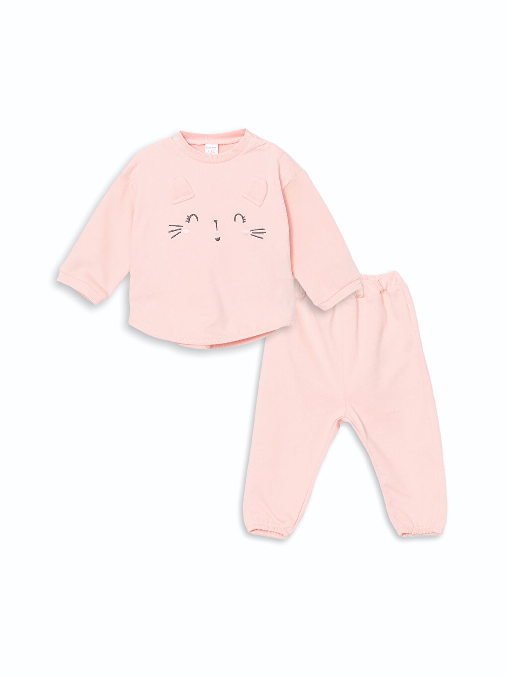 LCW baby Pembe Bisiklet Yaka Uzun Kollu Nakışlı Kız Bebek Sweatshirt ve Eşofman Alt 2'li Takım