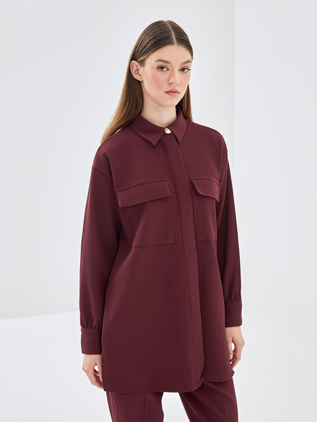 LCW Modest Bordo Dokulu Oversize Kadın Gömlek Tunik