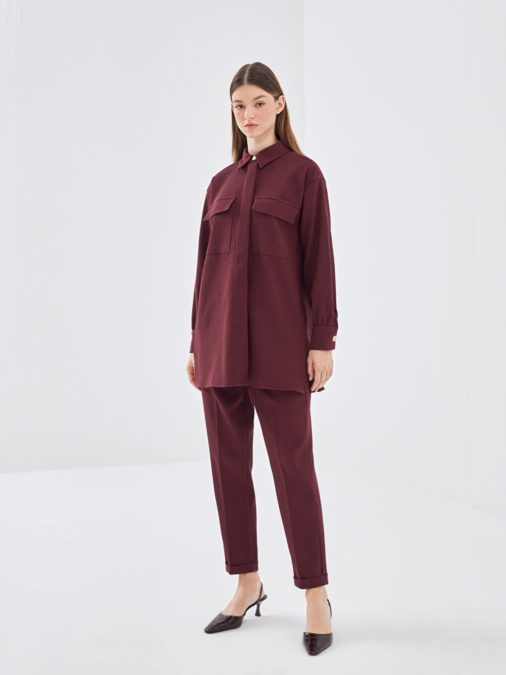 LCW Modest Bordo Dokulu Oversize Kadın Gömlek Tunik - 1