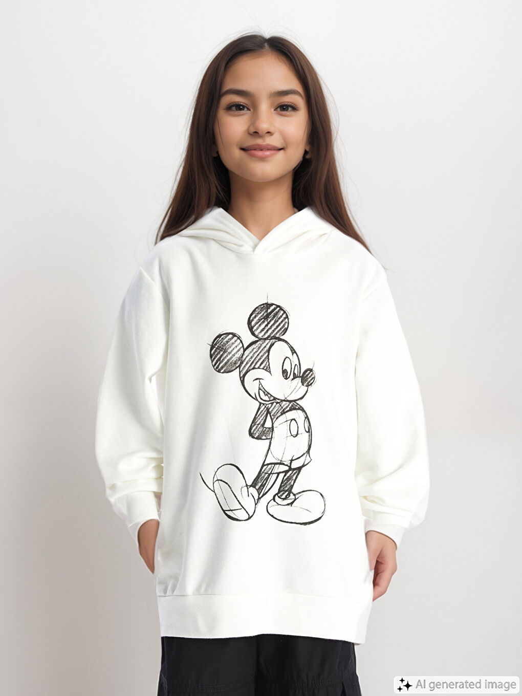 LCW Kids Ekru Kapüşonlu Mickey Mouse Baskılı Uzun Kollu Kız Çocuk Sweatshirt