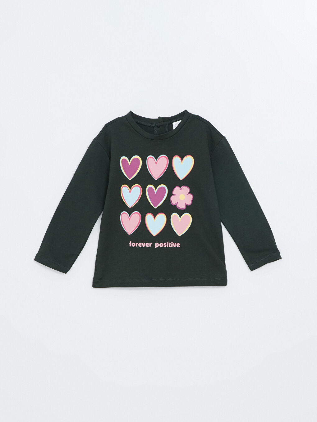 LCW ECO Koyu Yeşil Bisiklet Yaka Baskılı Kız Bebek Sweatshirt