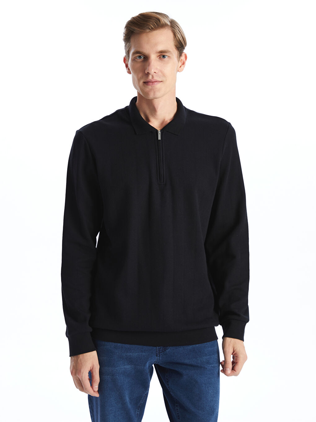 LCWAIKIKI Classic Yeni Siyah Polo Yaka Uzun Kollu Erkek Sweatshirt