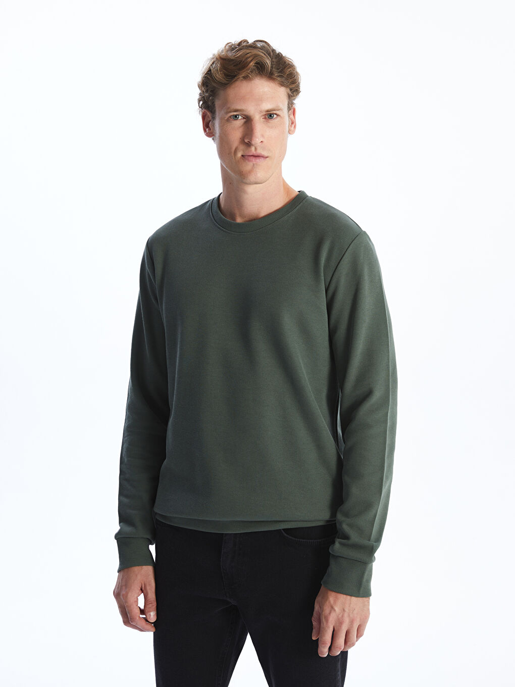 Yeşil Bisiklet Yaka Uzun Kollu Erkek Sweatshirt