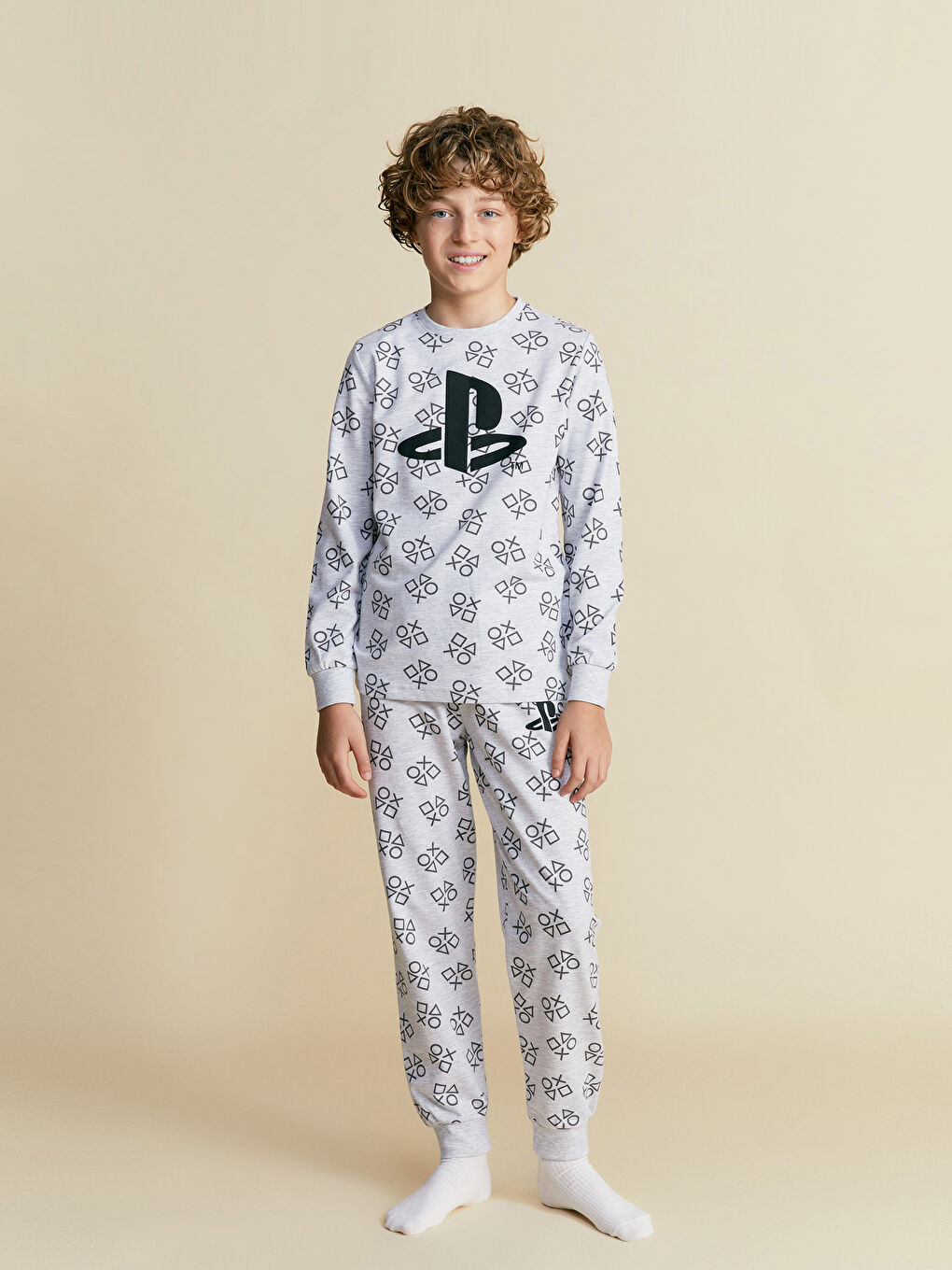 LCW Kids Gri Bisiklet Yaka PlayStation Baskılı Erkek Çocuk Pijama Takımı - 1