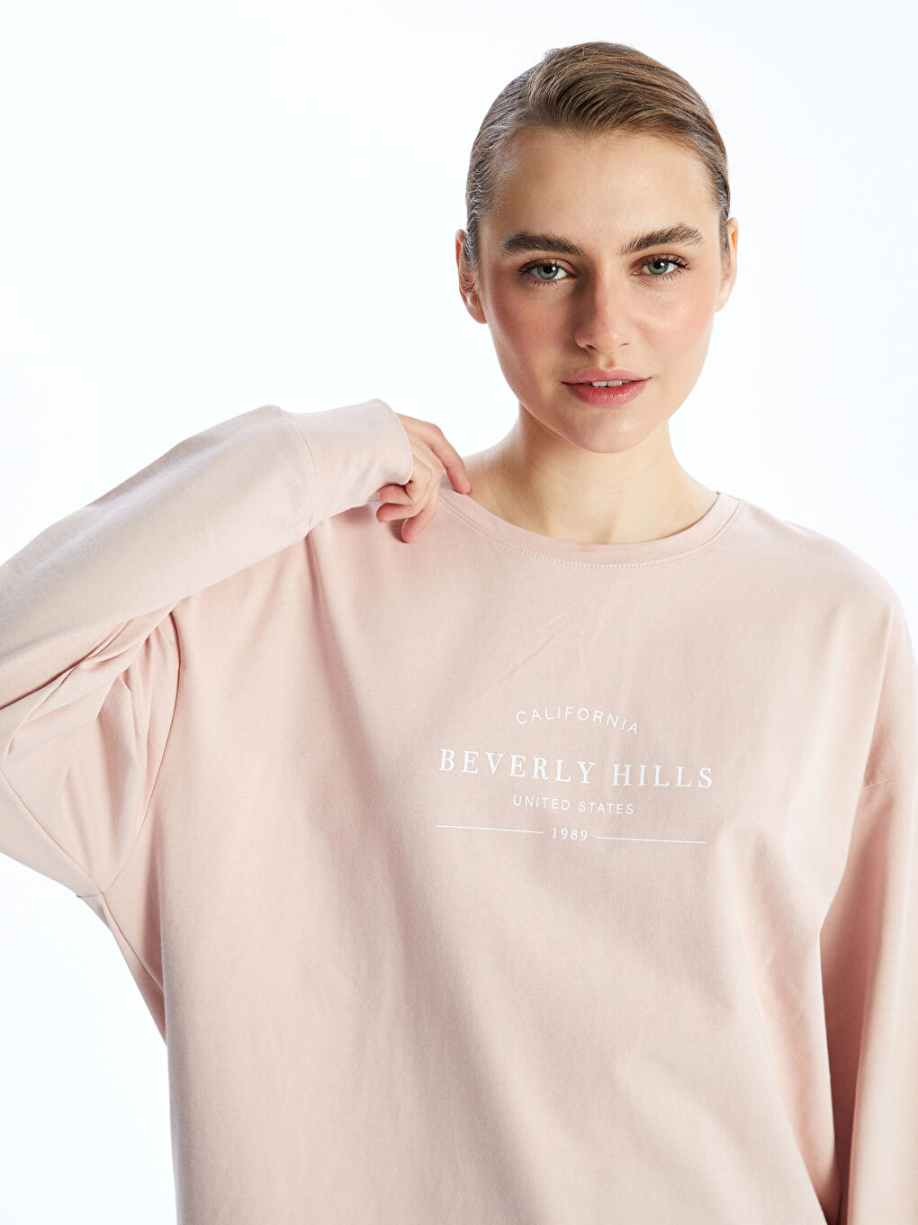 Pembe Bisiklet Yaka Baskılı Oversize Kadın Sweatshirt