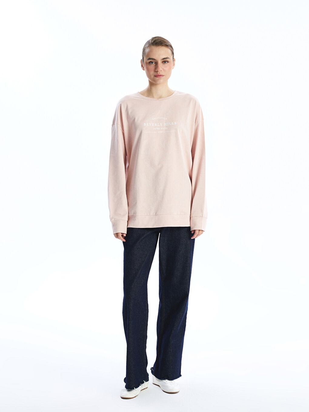 Pembe Bisiklet Yaka Baskılı Oversize Kadın Sweatshirt-1