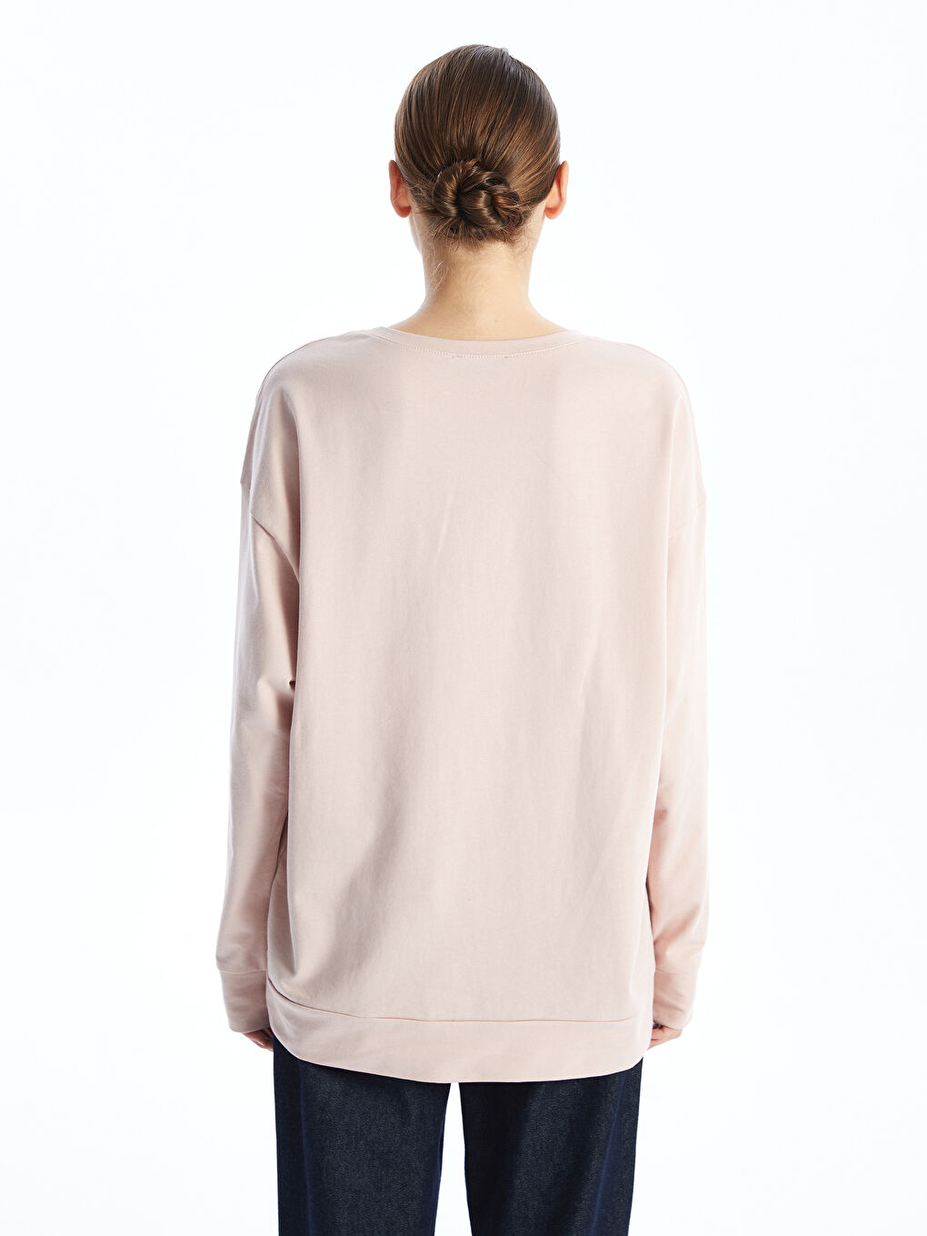 Pembe Bisiklet Yaka Baskılı Oversize Kadın Sweatshirt-3