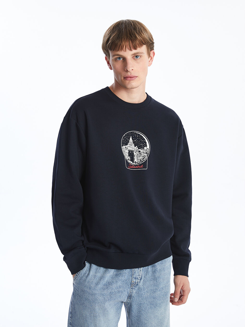 Lacivert Bisiklet Yaka Baskılı Erkek Kalın Sweatshirt