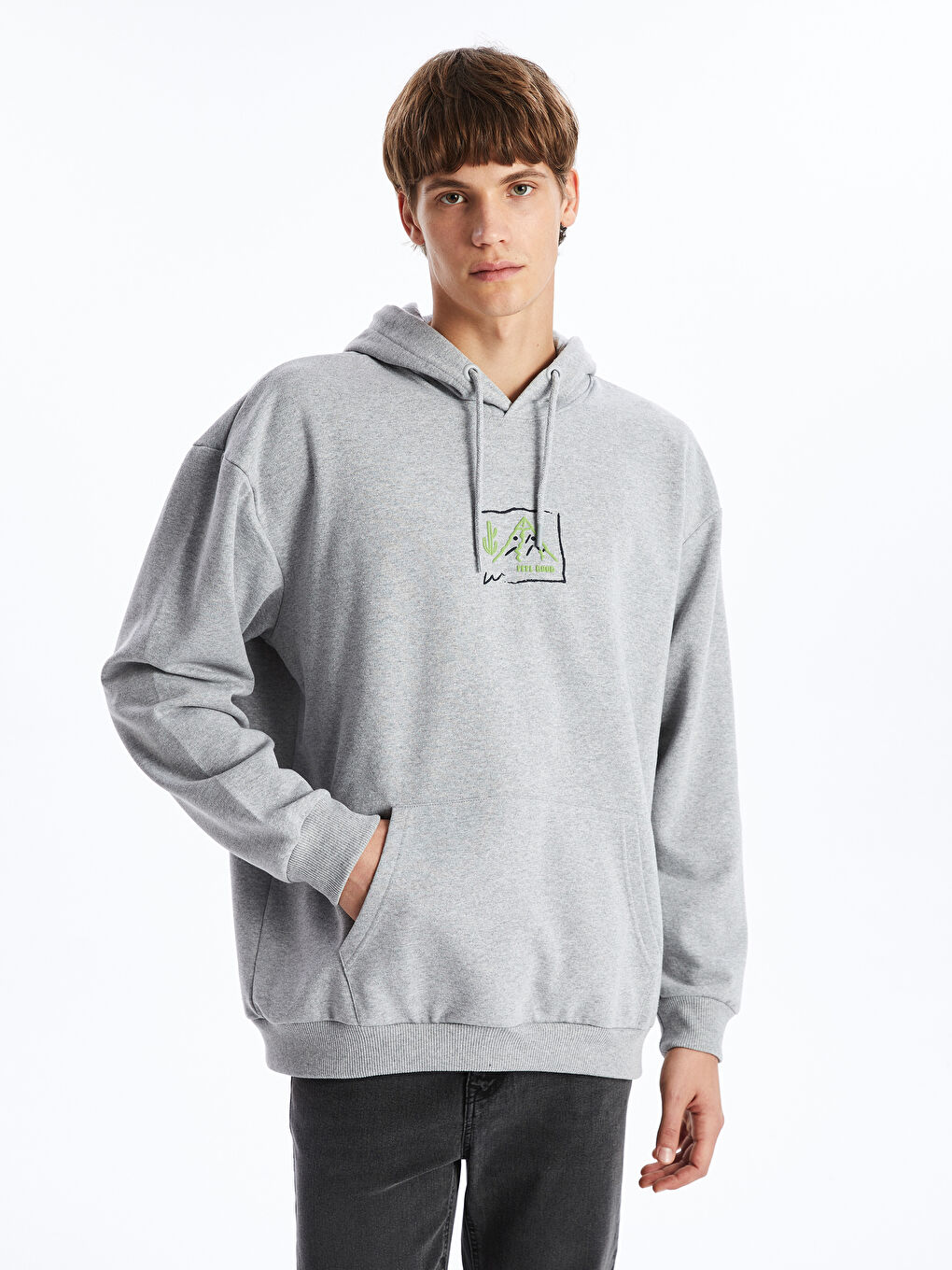 LCW ECO Gri Uzun Kollu Baskılı Erkek Hoodie