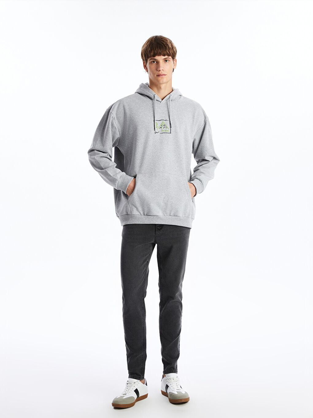 LCW ECO Gri Uzun Kollu Baskılı Erkek Hoodie - 1