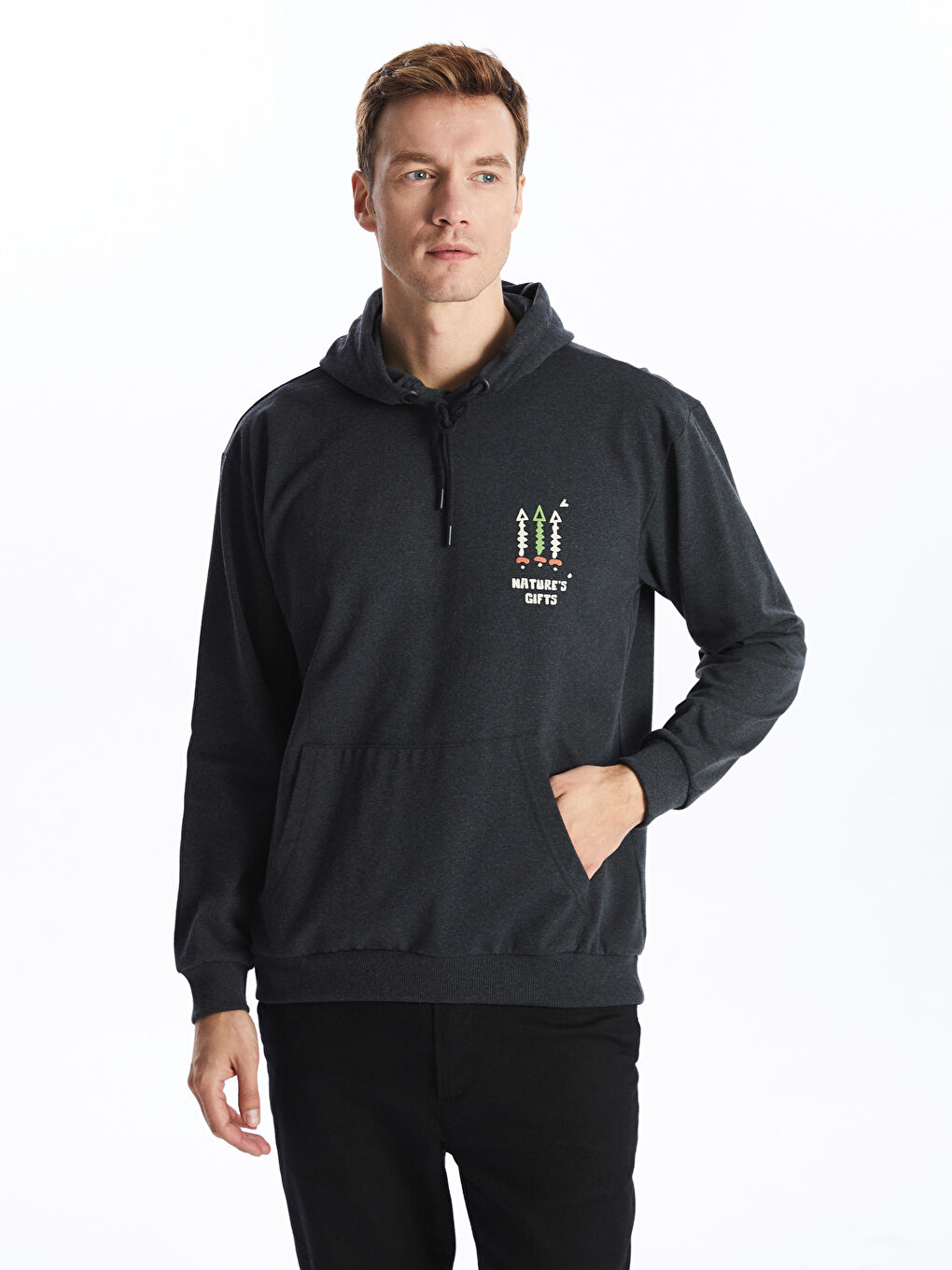 LCW ECO Antrasit Uzun Kollu Baskılı Erkek Kalın Hoodie