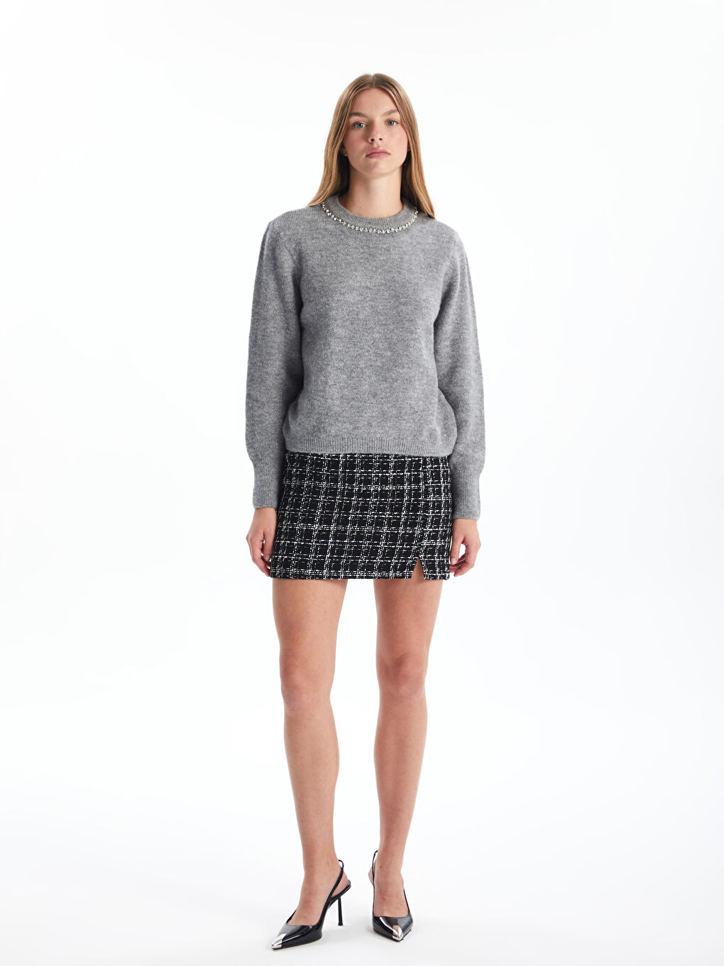 Свитер из трикотажа с круглым вырезом, украшенный стразами для женщин-1