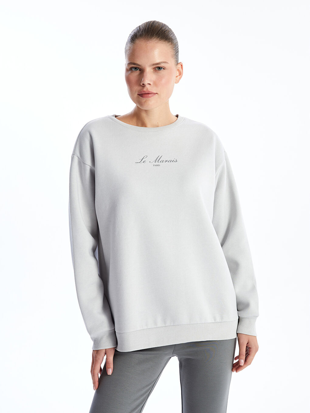 LCW Comfort Açık Gri Bisiklet Yaka Baskılı Kadın Kalın Sweatshirt Tunik