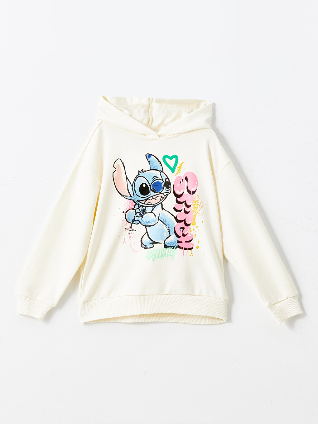 Ekru Kapüşonlu Stitch Baskılı Kız Çocuk Sweatshirt