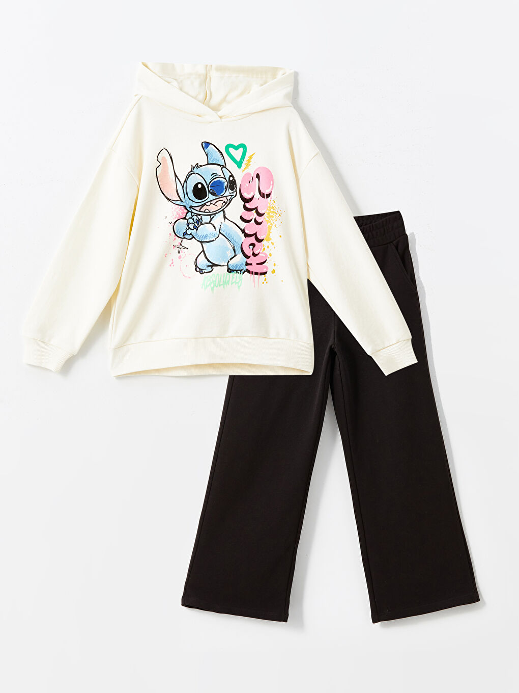 LCW Kids Ekru Kapüşonlu Stitch Baskılı Kız Çocuk Sweatshirt ve Tayt