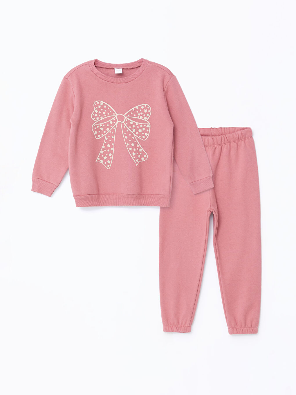 LCW Kids Mat Pembe Bisiklet Yaka Uzun Kollu Baskılı Kız Çocuk Sweatshirt ve Eşofman Alt 2'li Takım