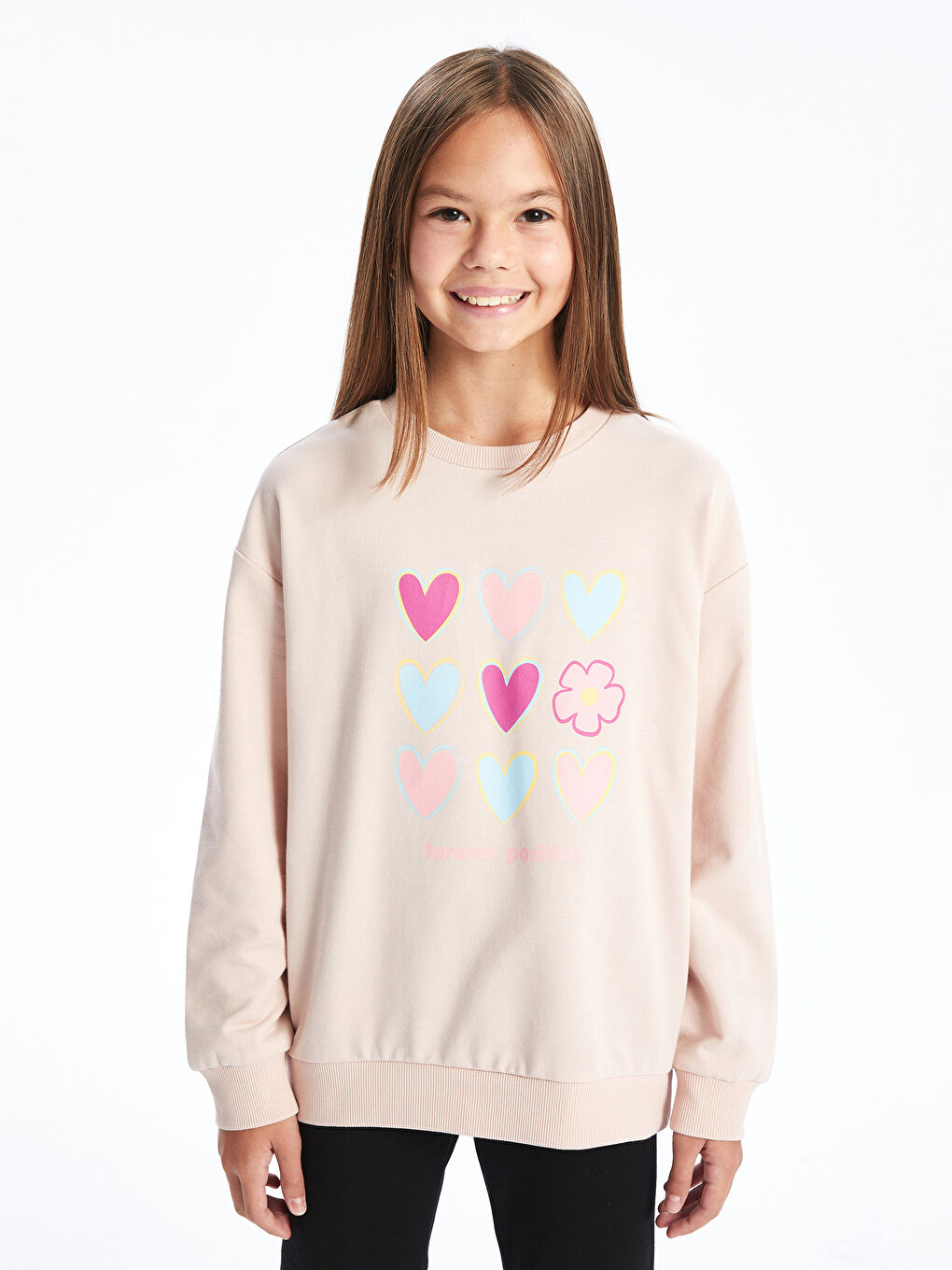 LCW Kids Açık Pembe Bisiklet Yaka Kız Çocuk Sweatshirt - 1