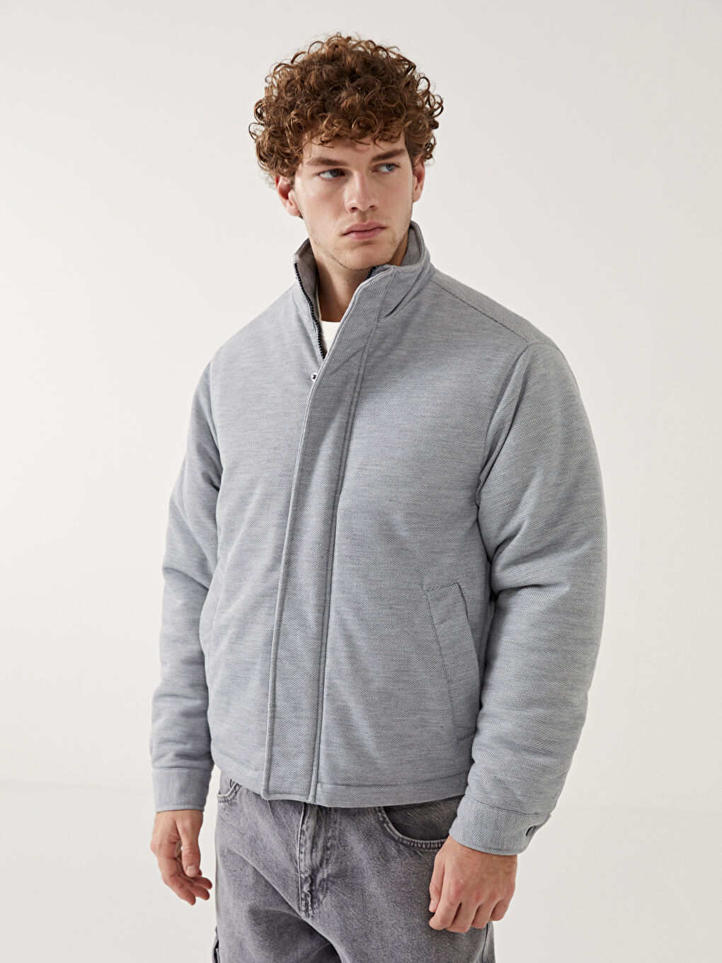 Gri Rahat Kalıp Dik Yaka Erkek Mont