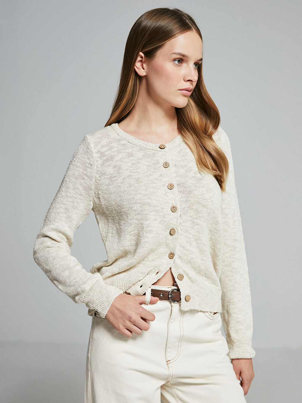 Bej Bisiklet Yaka Kadın Triko Hırka