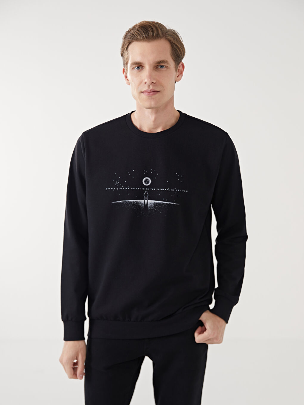 LCW ECO Siyah Bisiklet Yaka Uzun Kollu Baskılı Erkek Sweatshirt