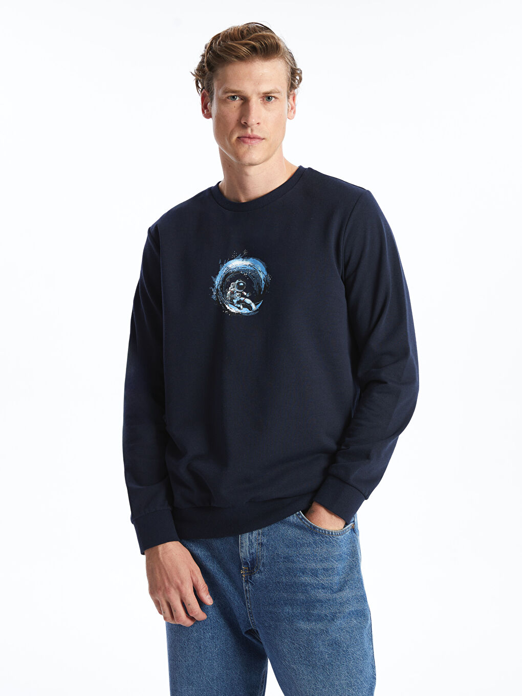 LCW ECO Lacivert Bisiklet Yaka Uzun Kollu Baskılı Erkek Sweatshirt