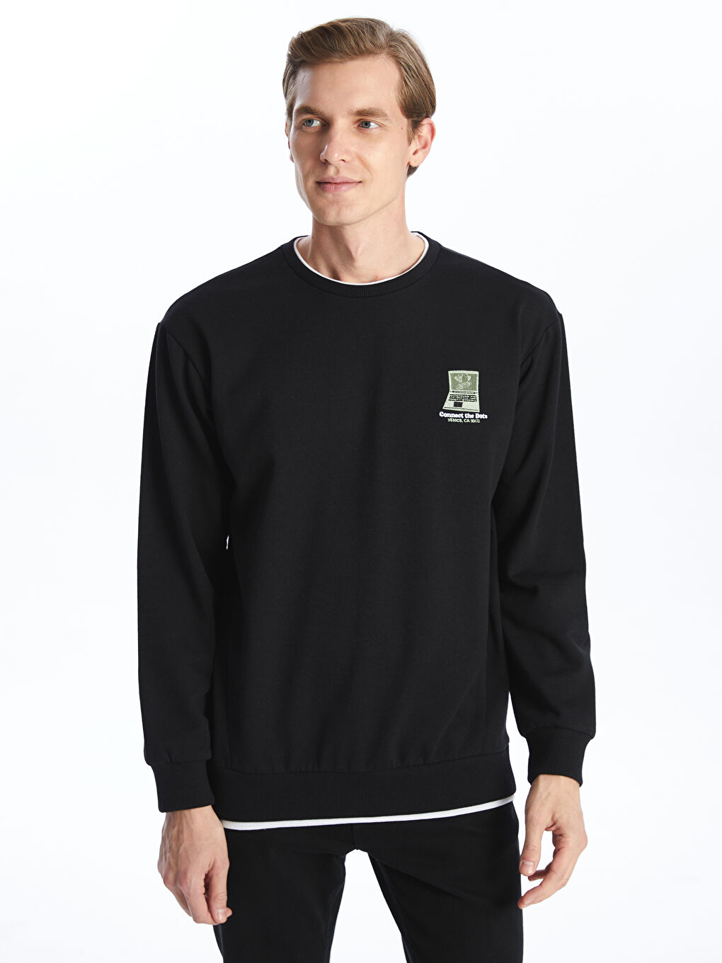 LCW ECO Siyah Bisiklet Yaka Uzun Kollu Baskılı Erkek Sweatshirt