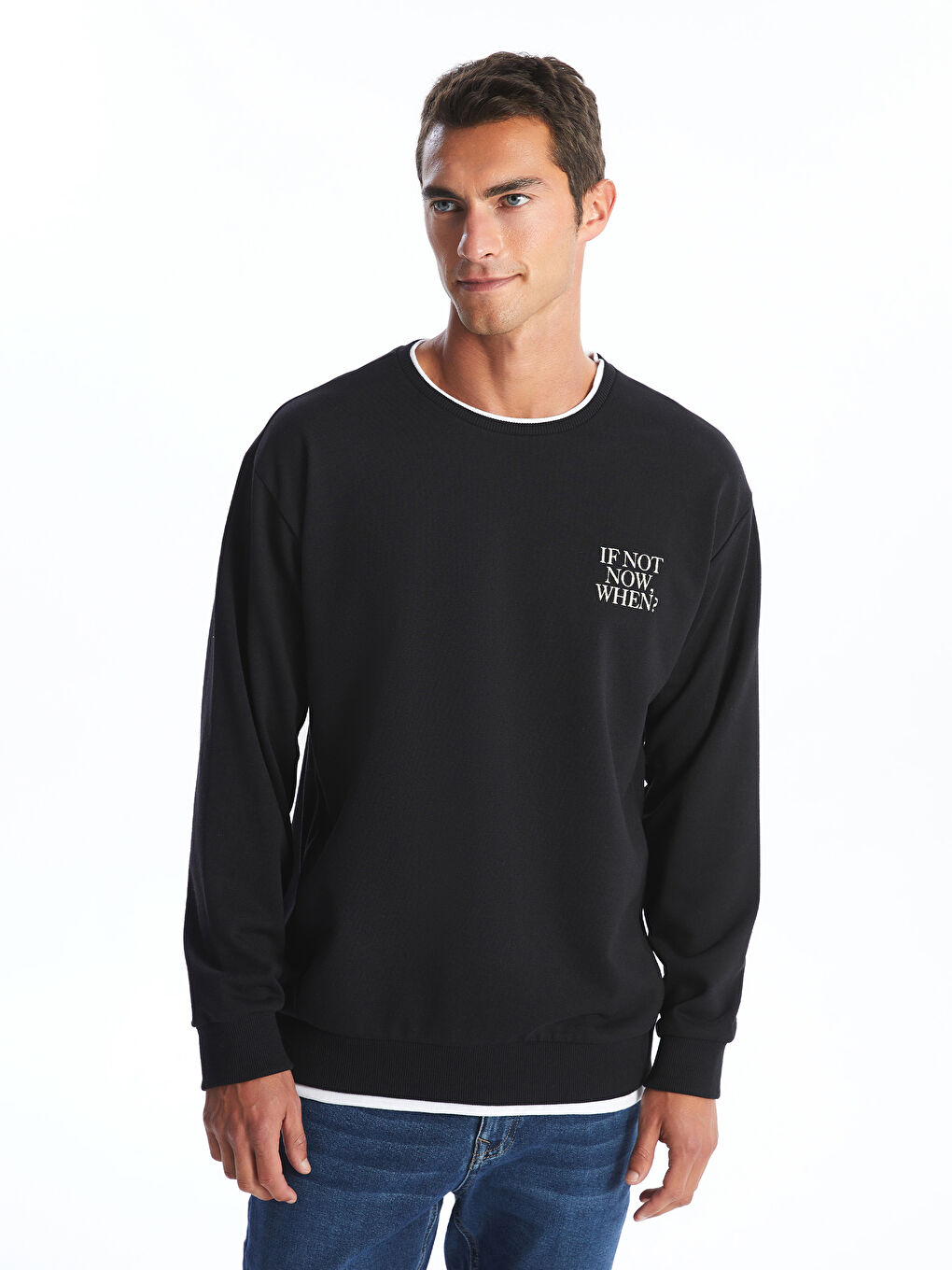 LCW ECO Siyah Bisiklet Yaka Uzun Kollu Baskılı Erkek Sweatshirt