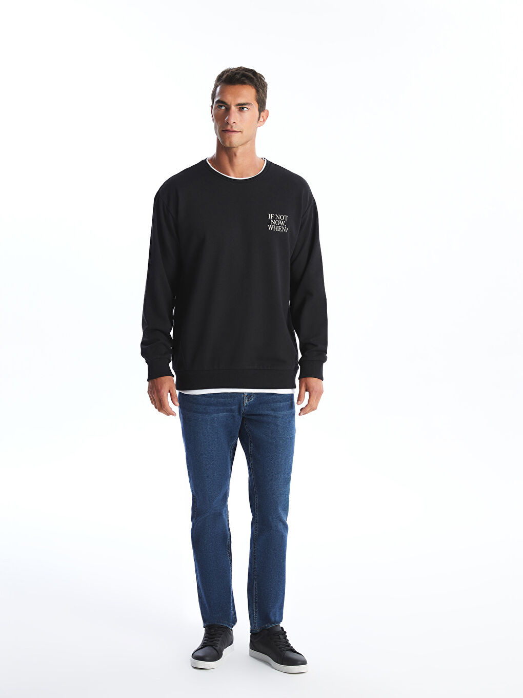 LCW ECO Siyah Bisiklet Yaka Uzun Kollu Baskılı Erkek Sweatshirt - 1