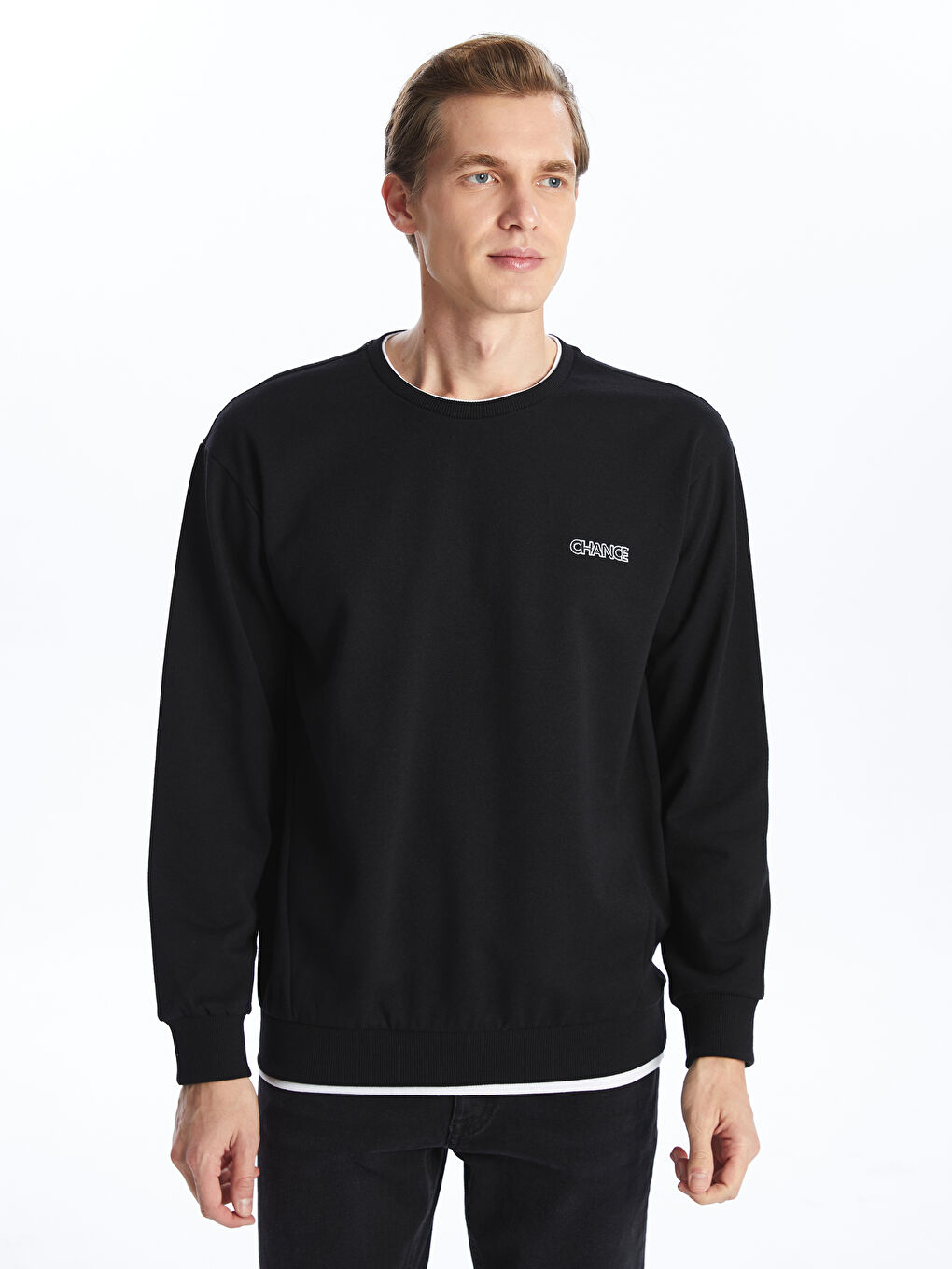 LCW ECO Siyah Bisiklet Yaka Uzun Kollu Baskılı Erkek Kalın Sweatshirt