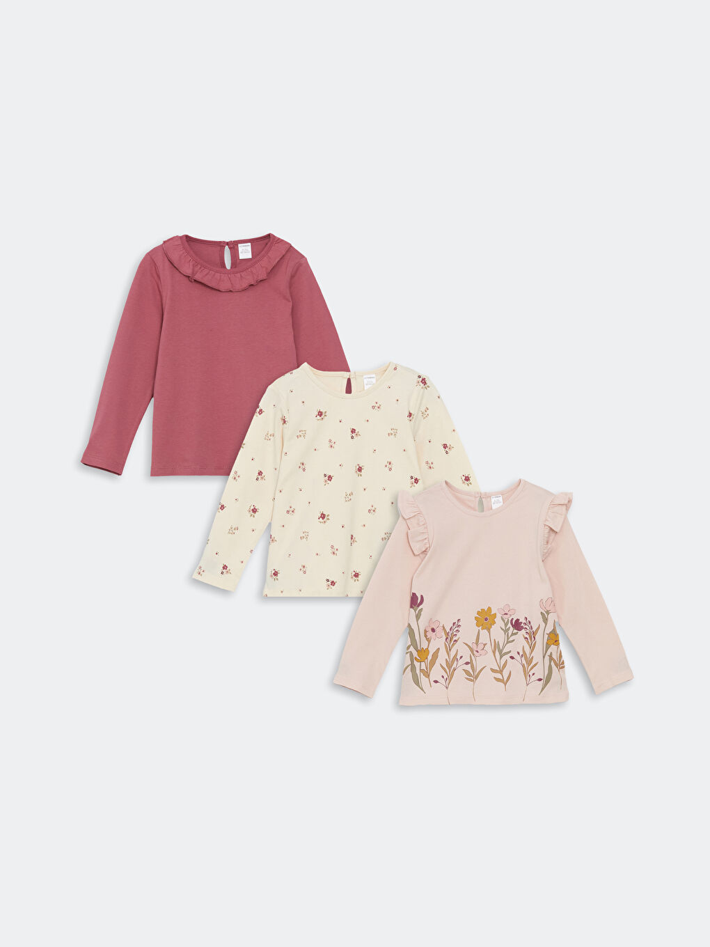 Pembe Bisiklet Yaka Uzun Kollu Baskılı Kız Çocuk Tişört 3'lü