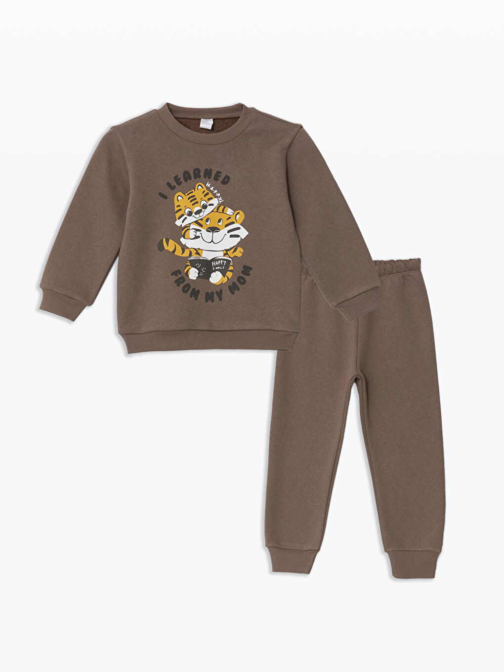 LCW Kids Kahverengi Kedi Baskılı Erkek Çocuk Sweatshirt ve Eşofman Alt 2'li