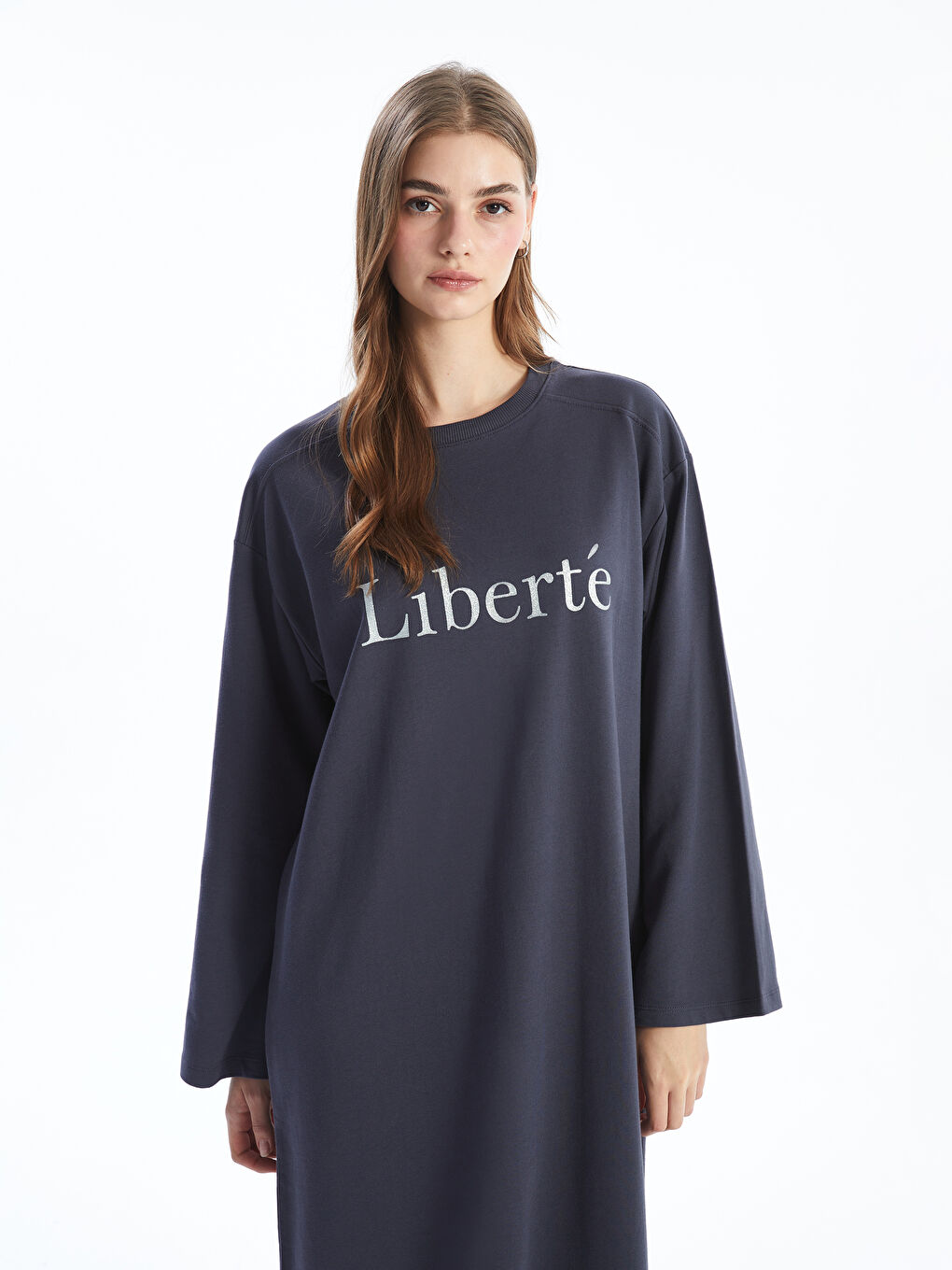 LCW Modest Antrasit Bisiklet Yaka Baskılı Oversize Kadın Sweat Elbise - 1