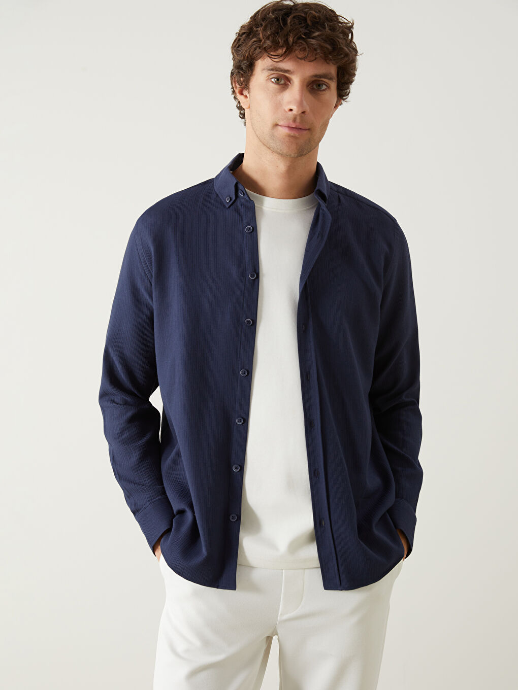 Lacivert Regular Fit Uzun Kollu Poplin Erkek Gömlek